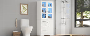 SONNI Badezimmerschrank mit LED Beleuchtung, Aufbewahrungsschrank mit Doppel Glastüren 3 Schubladen und 2 Schränken verstellbaren Einlegeböden 72 x 35 x 170 cm Weiß