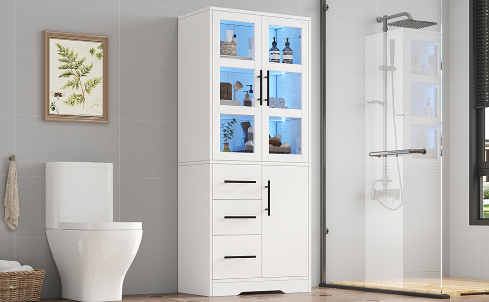 SONNI Badezimmerschrank mit LED Beleuchtung, Aufbewahrungsschrank mit Doppel Glastüren 3 Schubladen und 2 Schränken verstellbaren Einlegeböden 72 x 35 x 170 cm Weiß