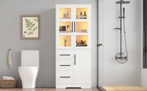 SONNI Badezimmerschrank mit LED Beleuchtung, Aufbewahrungsschrank mit Doppel Glastüren 3 Schubladen und 2 Schränken verstellbaren Einlegeböden 72 x 35 x 170 cm Weiß