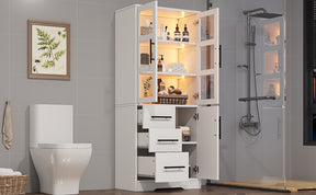 SONNI Badezimmerschrank mit LED Beleuchtung, Aufbewahrungsschrank mit Doppel Glastüren 3 Schubladen und 2 Schränken verstellbaren Einlegeböden 72 x 35 x 170 cm Weiß