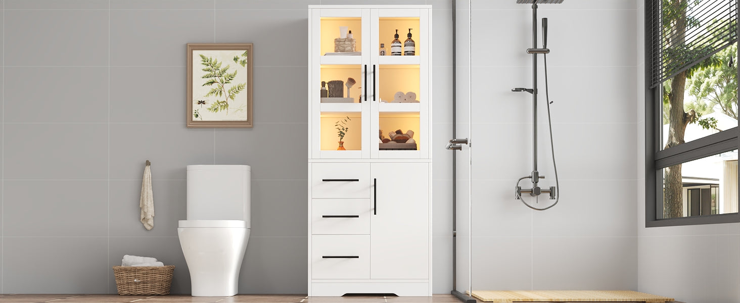 SONNI Badezimmerschrank mit LED Beleuchtung, Aufbewahrungsschrank mit Doppel Glastüren 3 Schubladen und 2 Schränken verstellbaren Einlegeböden 72 x 35 x 170 cm Weiß