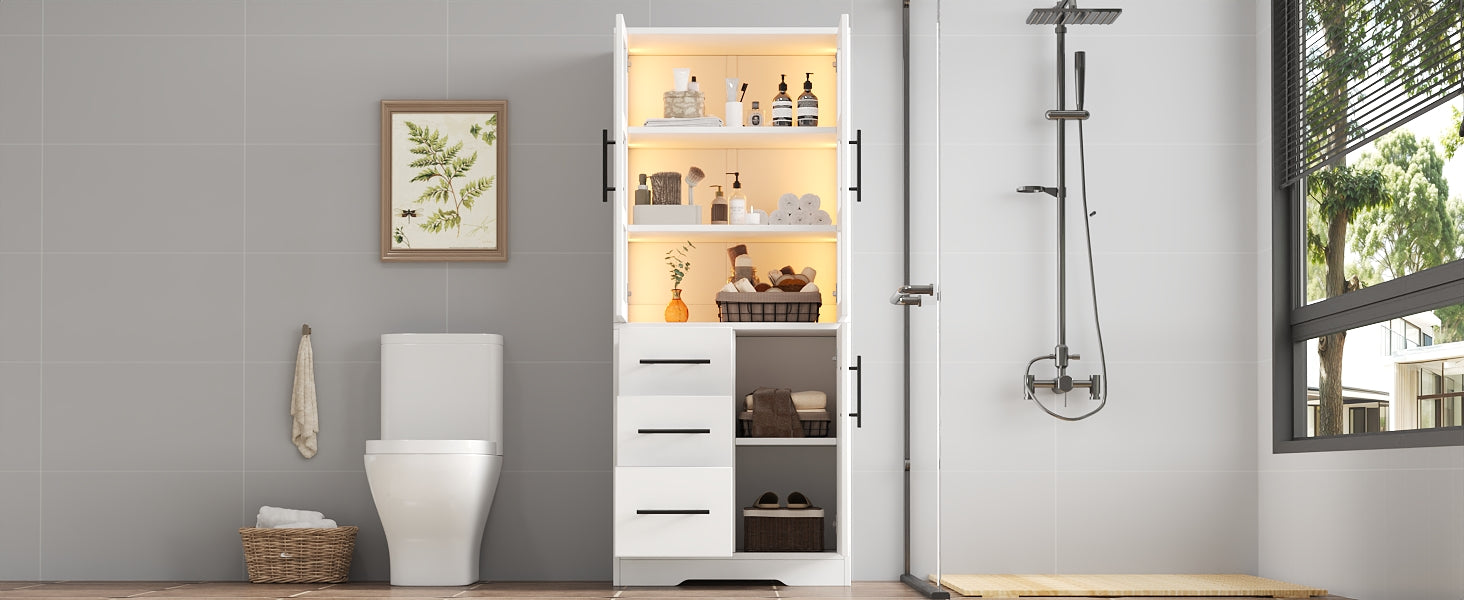 SONNI Badezimmerschrank mit LED Beleuchtung, Aufbewahrungsschrank mit Doppel Glastüren 3 Schubladen und 2 Schränken verstellbaren Einlegeböden 72 x 35 x 170 cm Weiß