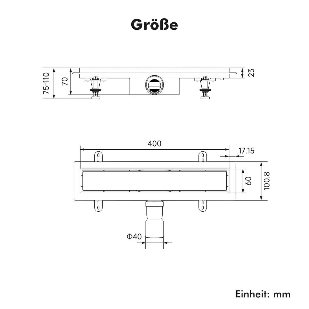 SONNI Duschrinne 40-80 cm, 2 in 1 Edelstahl Ablaufrinne Dusche befliesbar, ABS Basis, 30L Ablaufmenge, mit Geruchsstop, Haarsieb, 8 verstellbare Füße