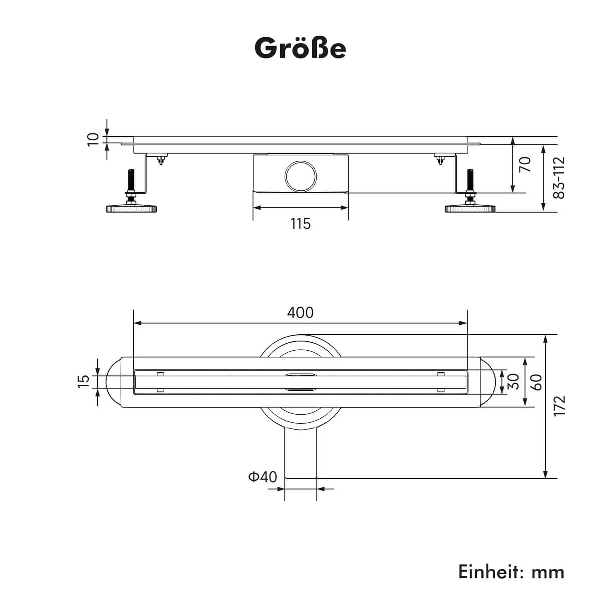 SONNI Edelstahl Duschrinne 30-100cm, Komplettset Ablauf 360° Drehbar, Schlank Schmal 15 mm Platte, mit Geruchsstop, Haarsieb - Randablauf