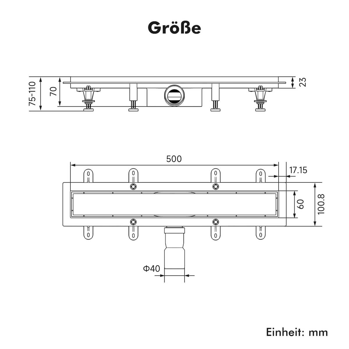 SONNI Duschrinne 40-80 cm, 2 in 1 Edelstahl Ablaufrinne Dusche befliesbar, ABS Basis, 30L Ablaufmenge, mit Geruchsstop, Haarsieb, 8 verstellbare Füße