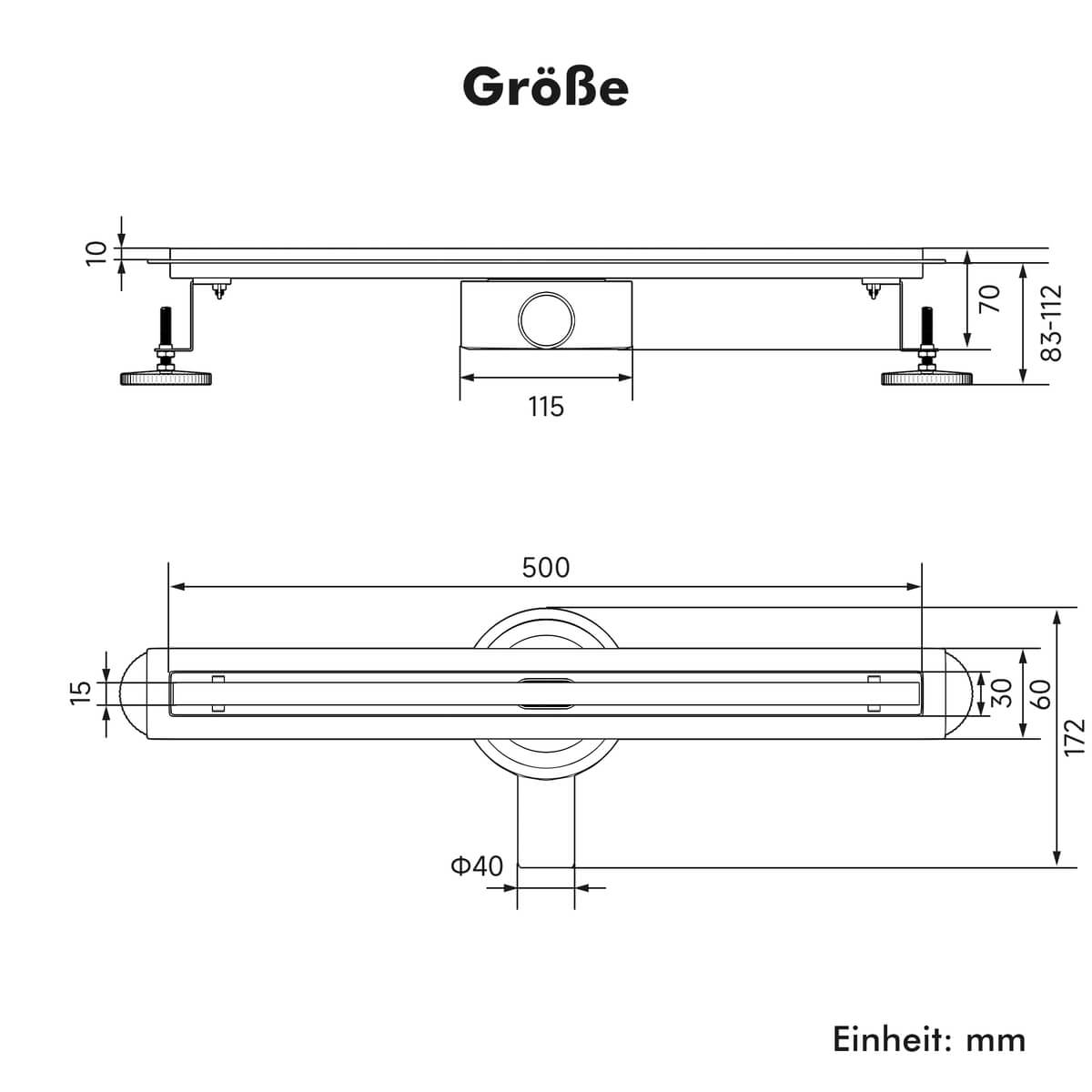 SONNI Edelstahl Duschrinne 30-100cm, Komplettset Ablauf 360° Drehbar, Schlank Schmal 15 mm Platte, mit Geruchsstop, Haarsieb - Randablauf