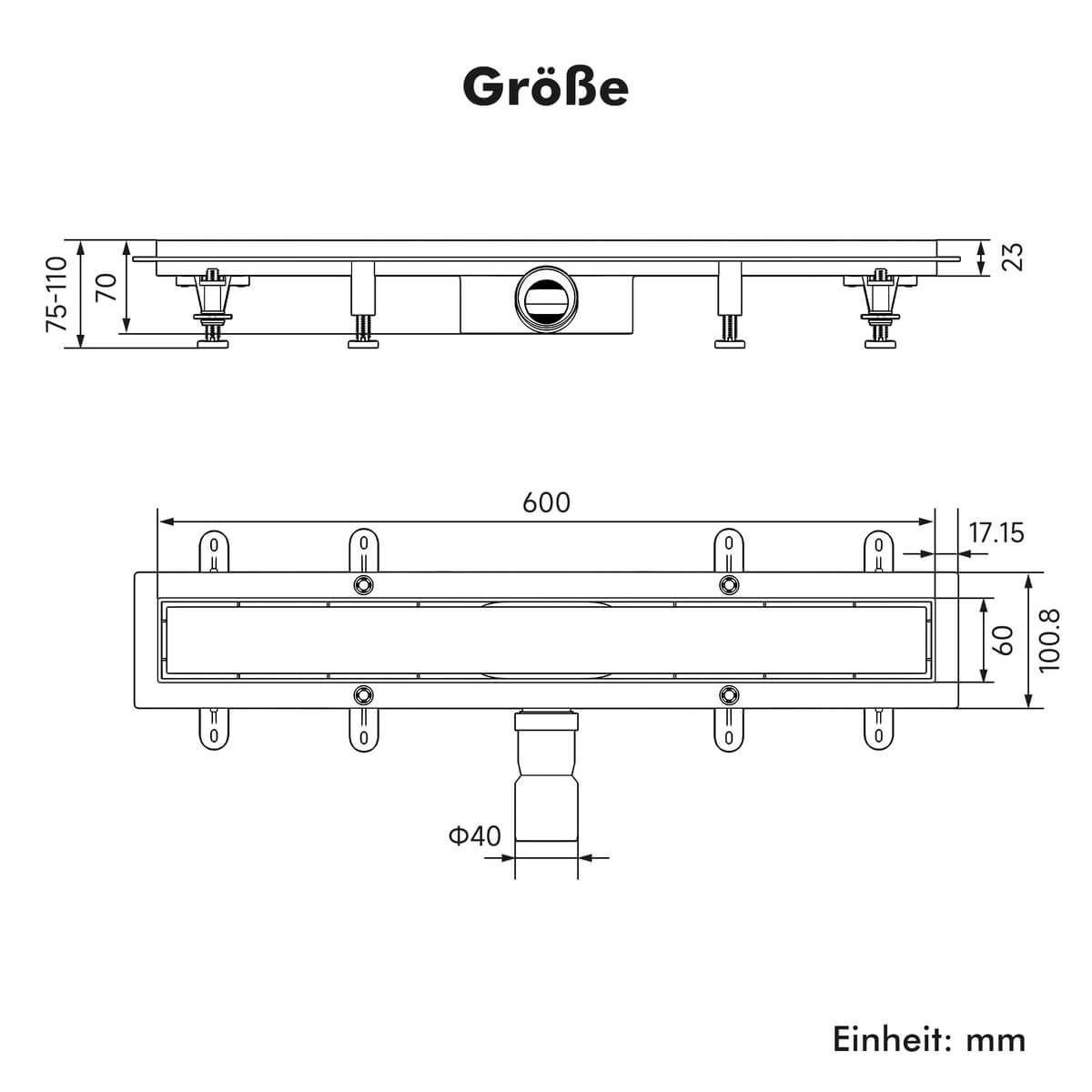 SONNI Duschrinne 40-80 cm, 2 in 1 Edelstahl Ablaufrinne Dusche befliesbar, ABS Basis, 30L Ablaufmenge, mit Geruchsstop, Haarsieb, 8 verstellbare Füße