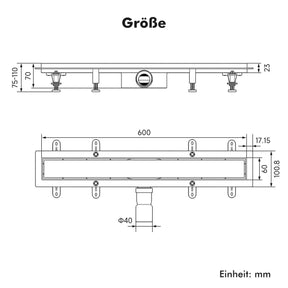 SONNI Duschrinne 40-80 cm, 2 in 1 Edelstahl Ablaufrinne Dusche befliesbar, ABS Basis, 30L Ablaufmenge, mit Geruchsstop, Haarsieb, 8 verstellbare Füße