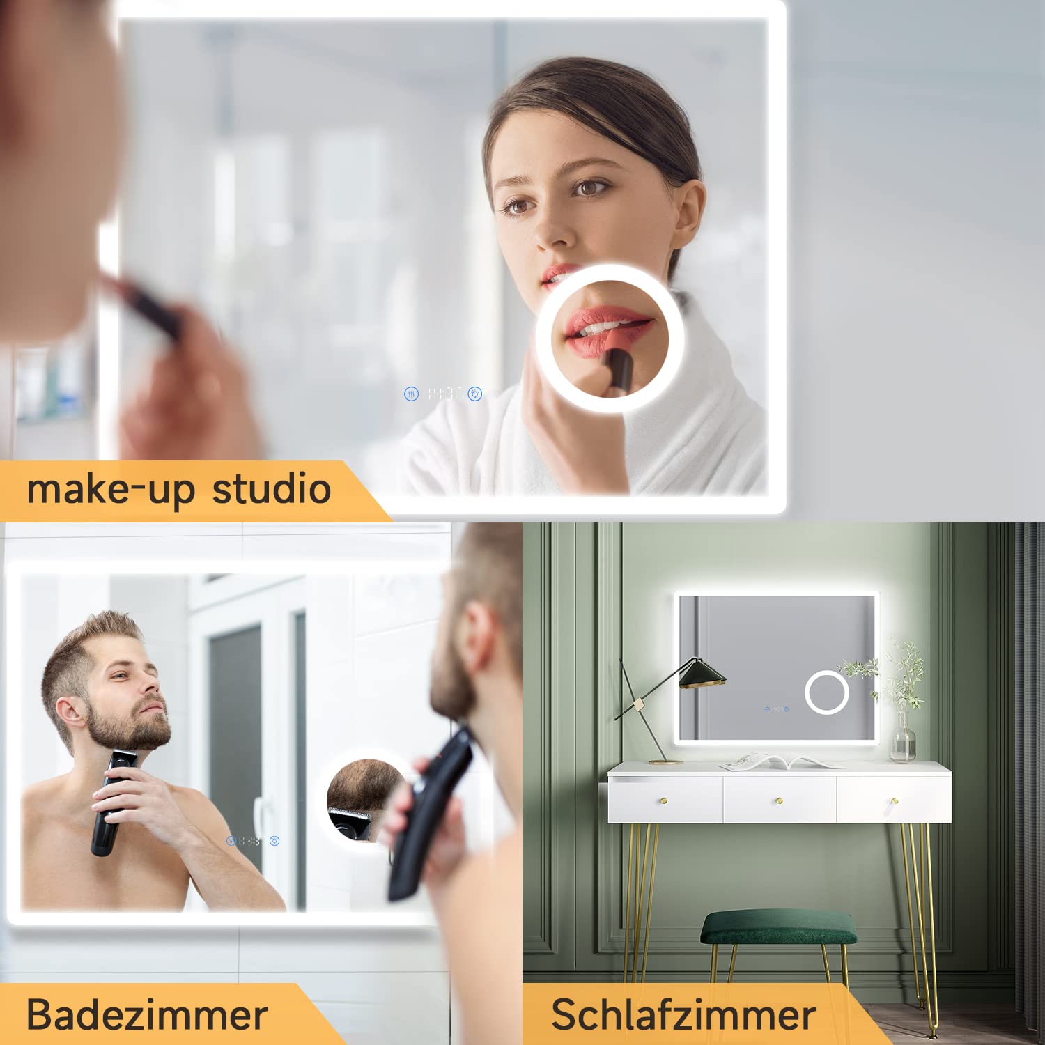 SONNI Badspiegel mit Beleuchtung 80x60 cm Lautsprecher LED Badspiegel beschlagfrei mit Uhranzeige Lichtspiegel 3 Lichtfarbe einstellbar Badezimmerspiegel Wandspiegel