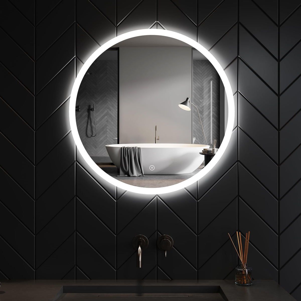 SONNI Runder Badspiegel mit LED-Beleuchtung Beschlagfrei und Touch-Schalter, 60 cm Durchmesser, Kaltweiß 6400K