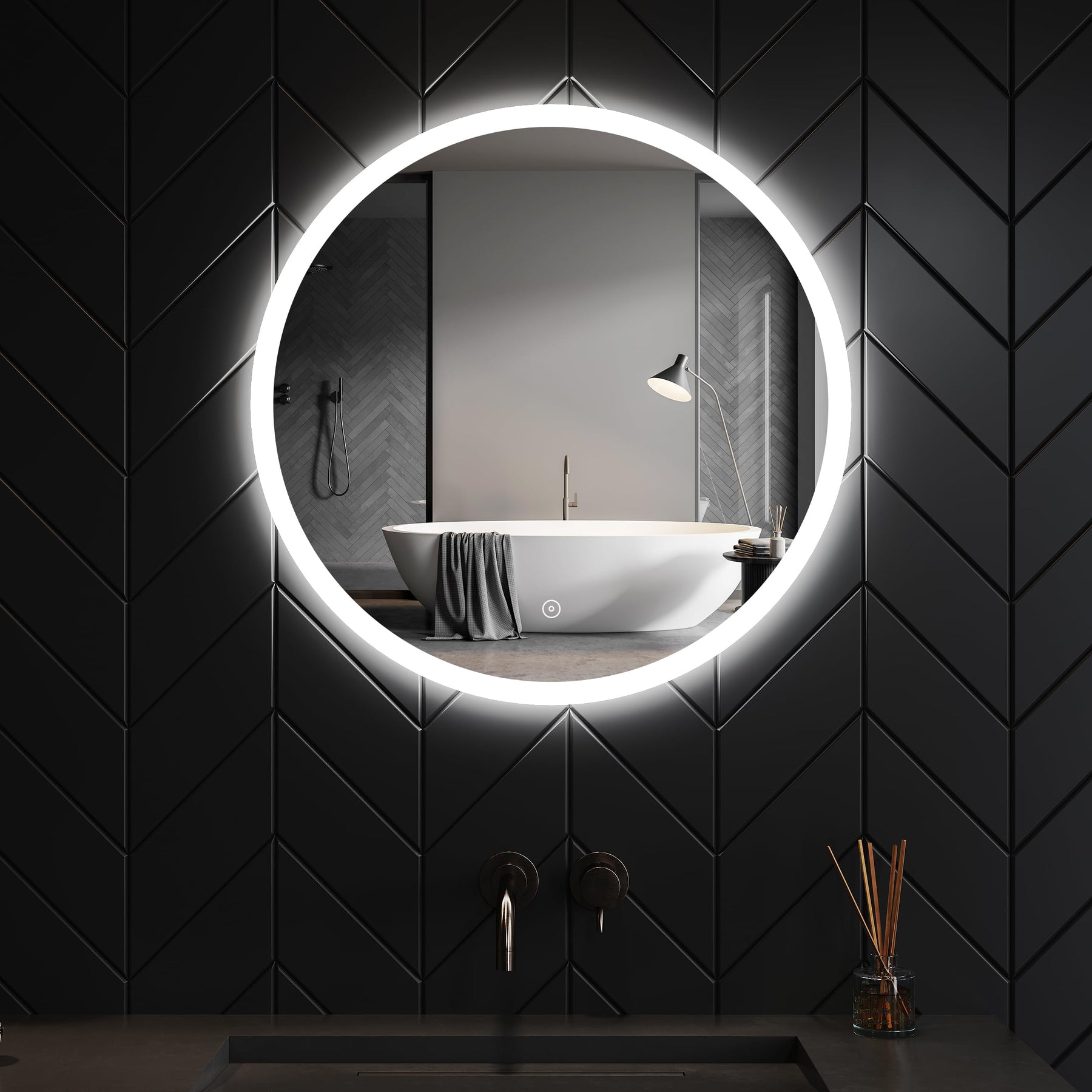 SONNI Runder Badspiegel mit LED-Beleuchtung Beschlagfrei und Touch-Schalter, 60 cm Durchmesser, Kaltweiß 6400K