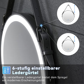 SONNI Badspiegel Rund Beschlagfrei Badspiegel mit Beleuchtung Rund 60cm und Touch LED Rundspiegel mit Verstellbarer Ledergürtel