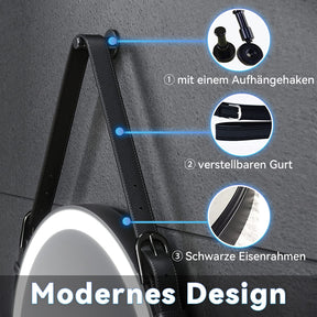 SONNI Badspiegel Rund Beschlagfrei Badspiegel mit Beleuchtung Rund 60cm und Touch LED Rundspiegel mit Verstellbarer Ledergürtel