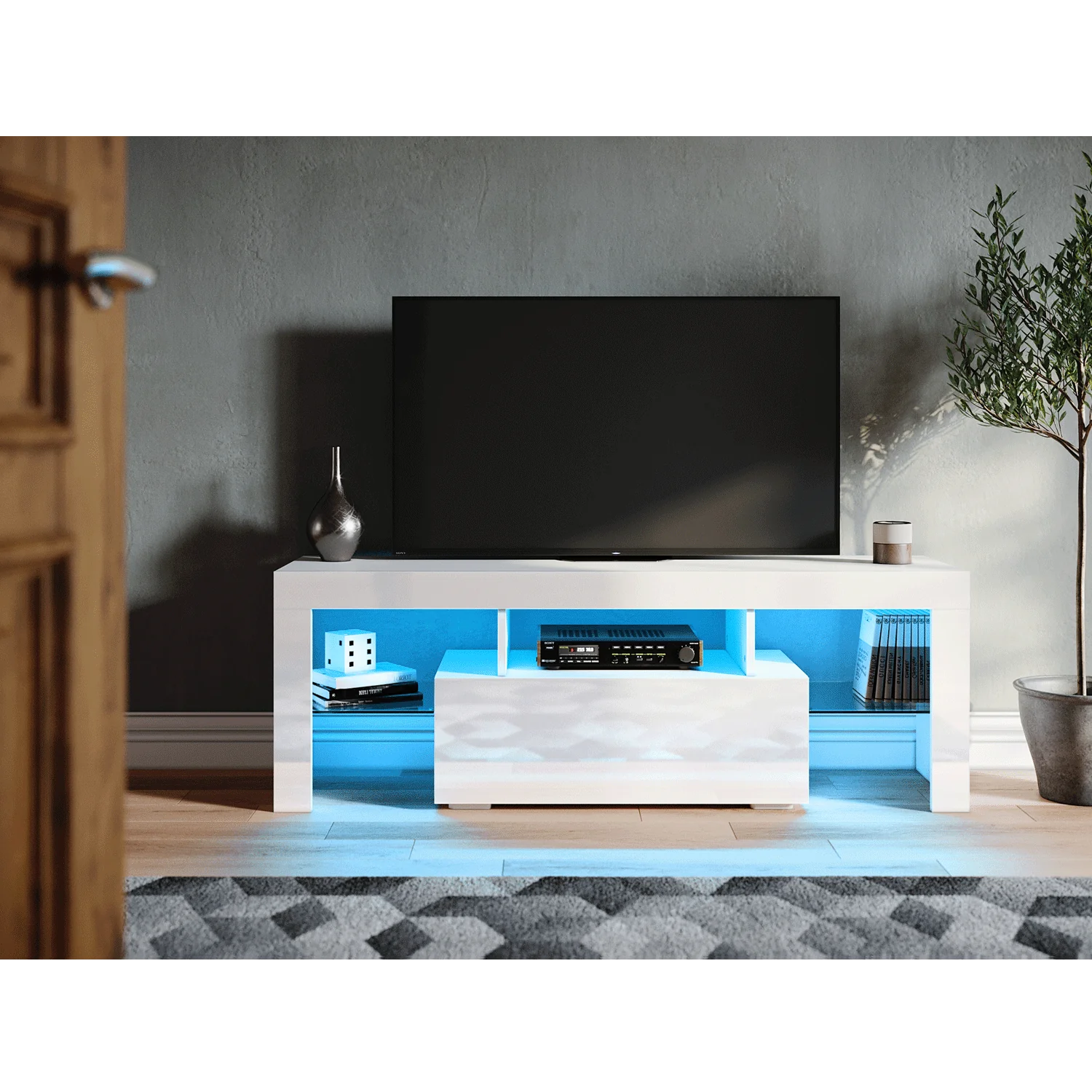 SONNI Lowboard  TV Board Hochglanz, mit LED Beleuchtung(12 Farben können eingestellt Werden), mit Klapptür, mit Glasregal, Griffloses Design