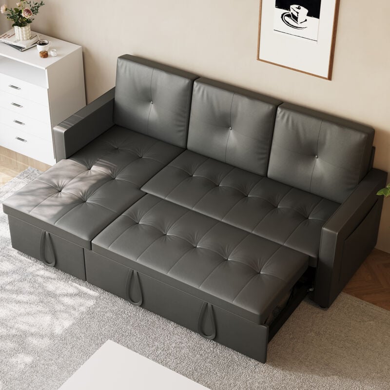 SONNI Schlafsofa 3 Sitzer, 203cm Ecksofa, Schlafcouch mit Seitentaschen, 186 × 110 cm Liegefläche, Klappbares L-förmiges Sofa für Wohnzimmer/Schlafzimmer/Büro, Modernes Polstersofa