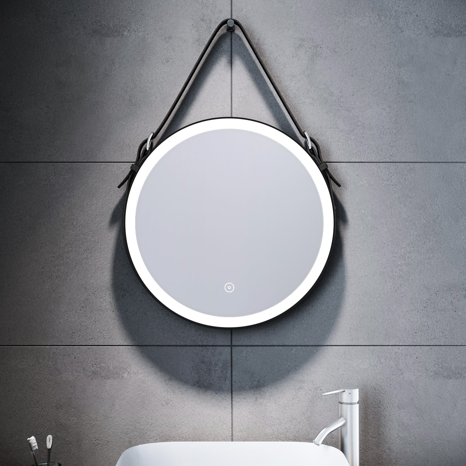 SONNI Badspiegel Rund Beschlagfrei Badspiegel mit Beleuchtung Rund 60/80cm und Touch LED Rundspiegel mit Verstellbarer Ledergürtel