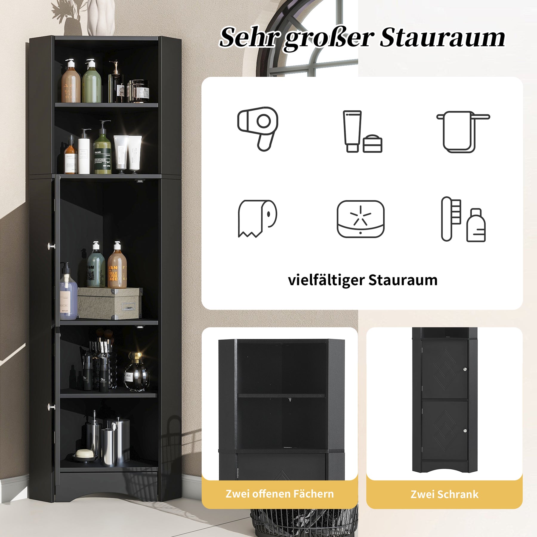SONNI Badschrank Eckschrank mit 2 Ablagefächern, offenem Fach und verstellbarem Einlegeboden Badmöbel 36.5 x 36.5 x 155 cm Weiß