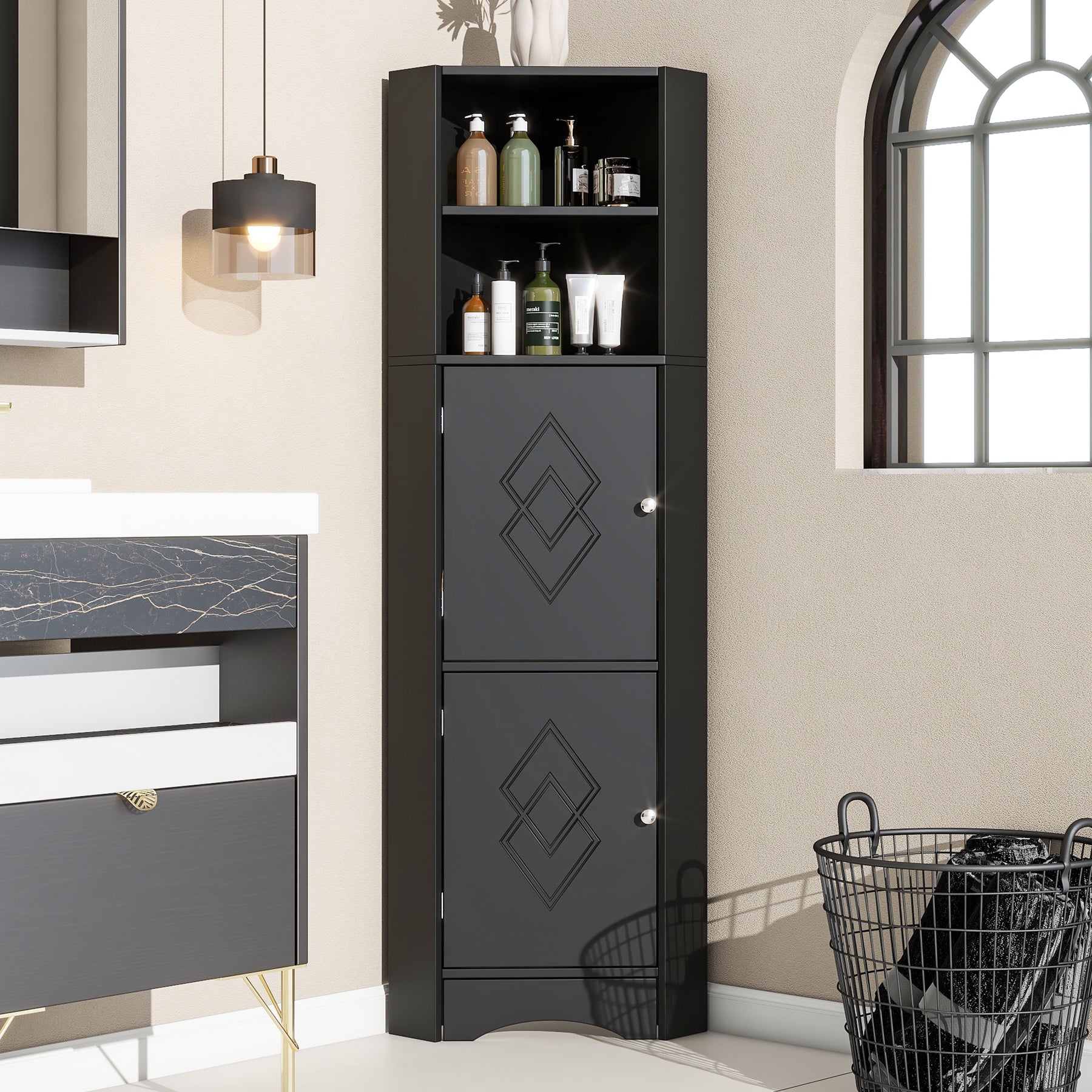 SONNI Badschrank Eckschrank mit 2 Ablagefächern, offenem Fach und verstellbarem Einlegeboden Badmöbel 36.5 x 36.5 x 155 cm Weiß