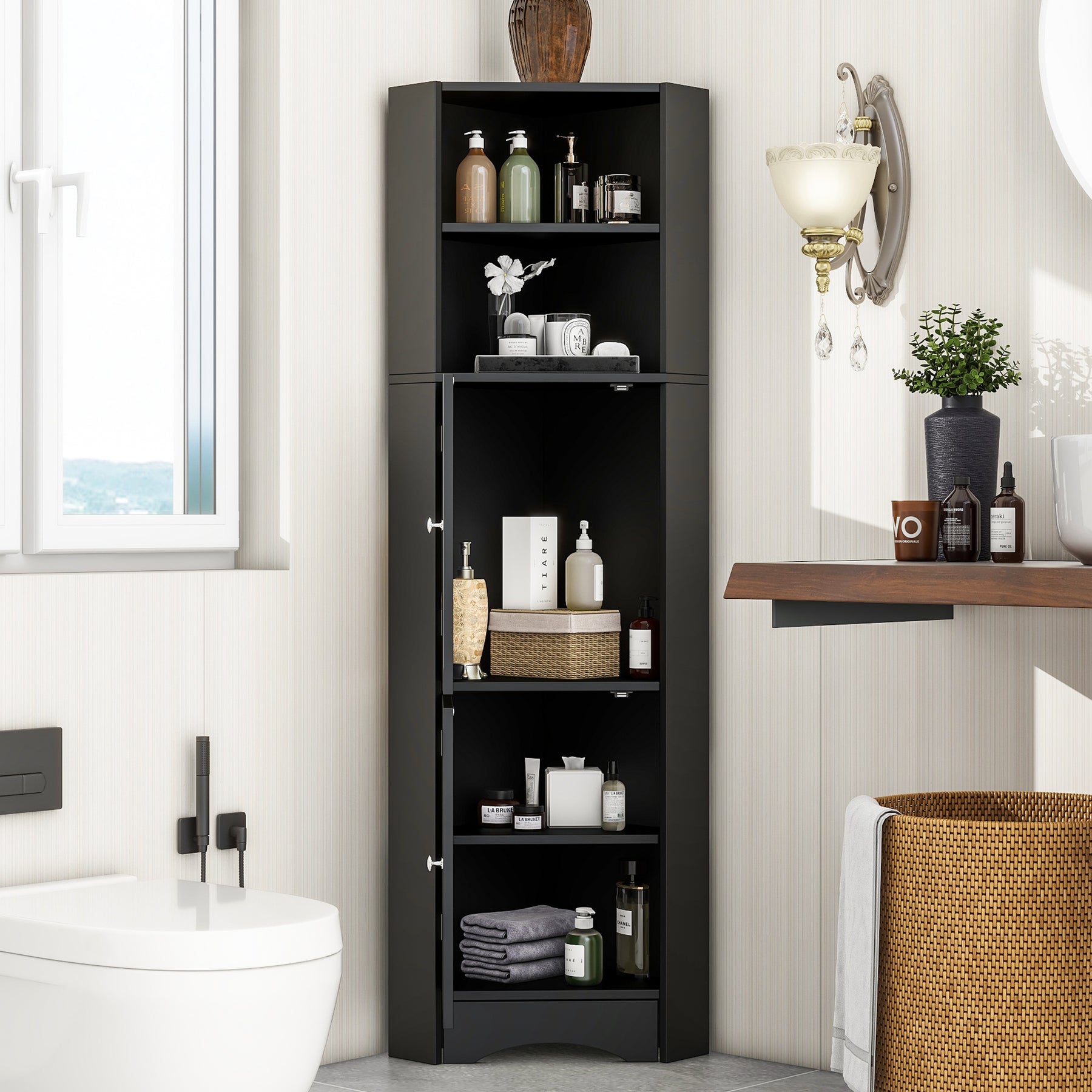 SONNI Badschrank Eckschrank mit 2 Ablagefächern, offenem Fach und verstellbarem Einlegeboden Badmöbel 36.5 x 36.5 x 155 cm Weiß