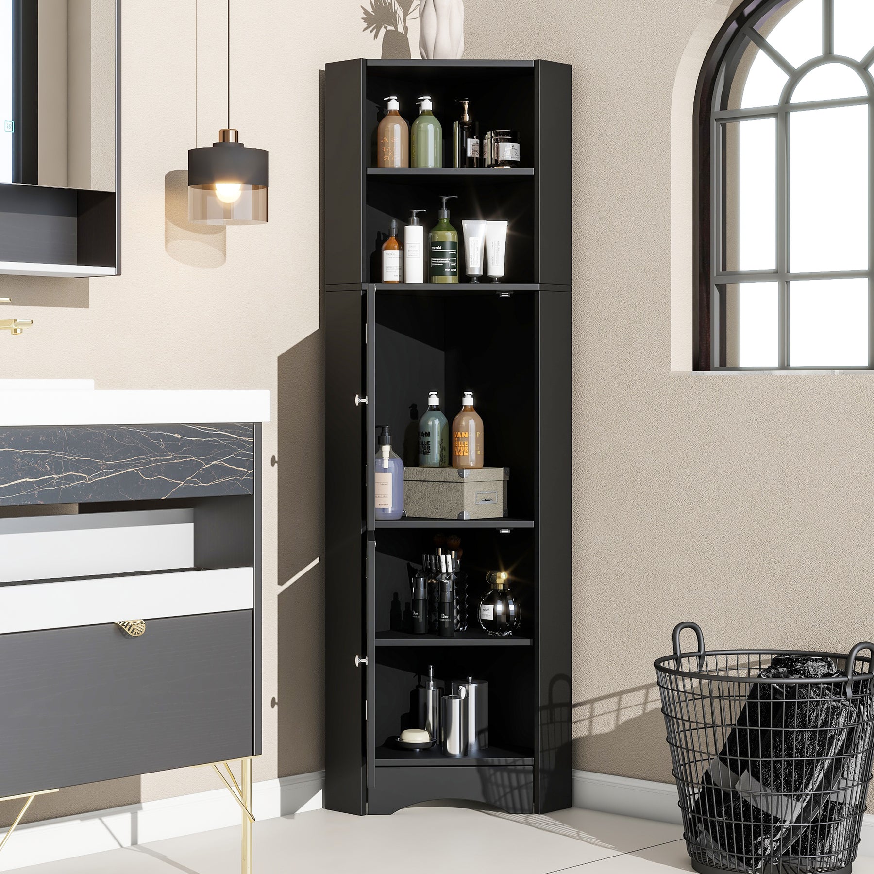 SONNI Badschrank Eckschrank mit 2 Ablagefächern, offenem Fach und verstellbarem Einlegeboden Badmöbel 36.5 x 36.5 x 155 cm Weiß