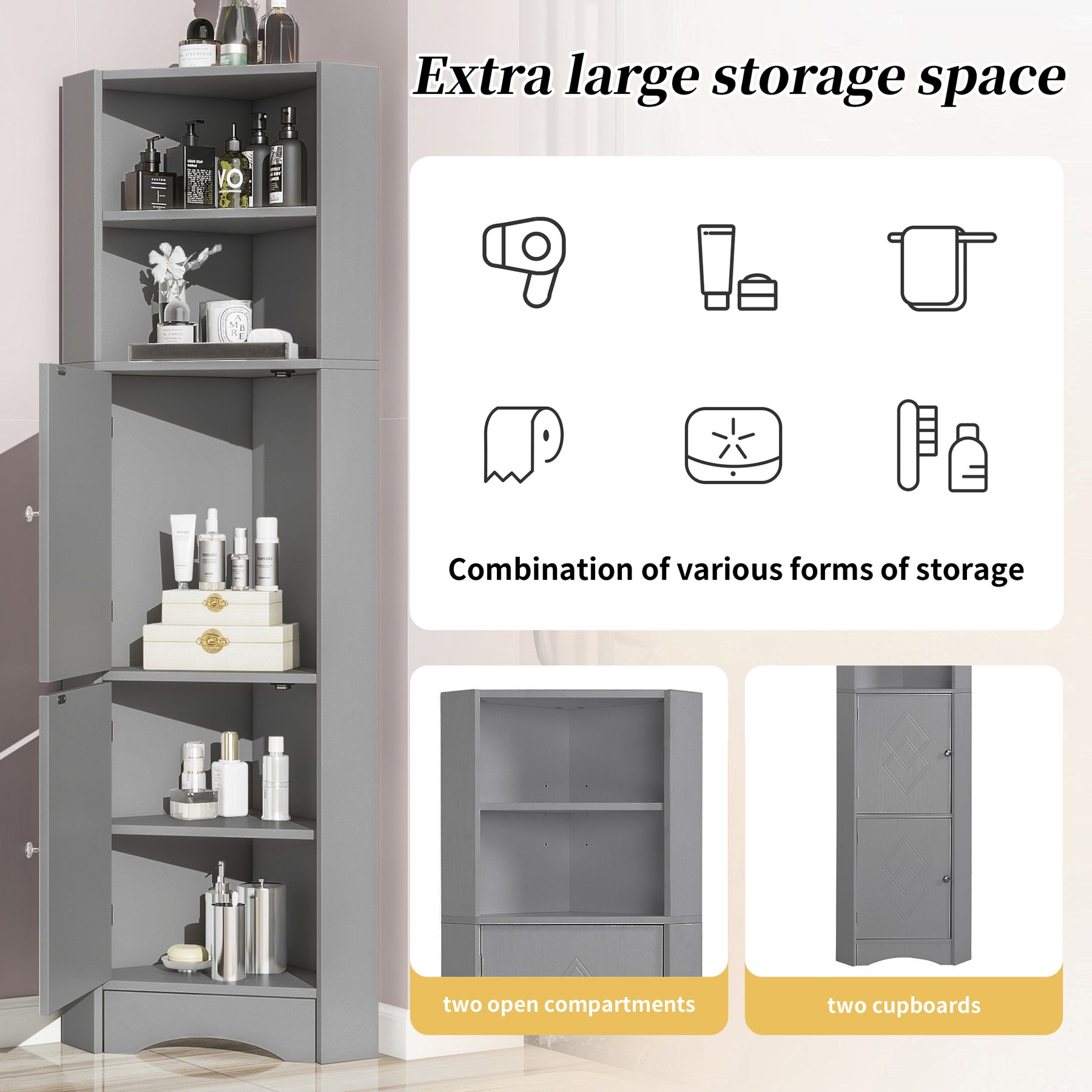 SONNI Badschrank Eckschrank mit 2 Ablagefächern, offenem Fach und verstellbarem Einlegeboden Badmöbel 36.5 x 36.5 x 155 cm Weiß