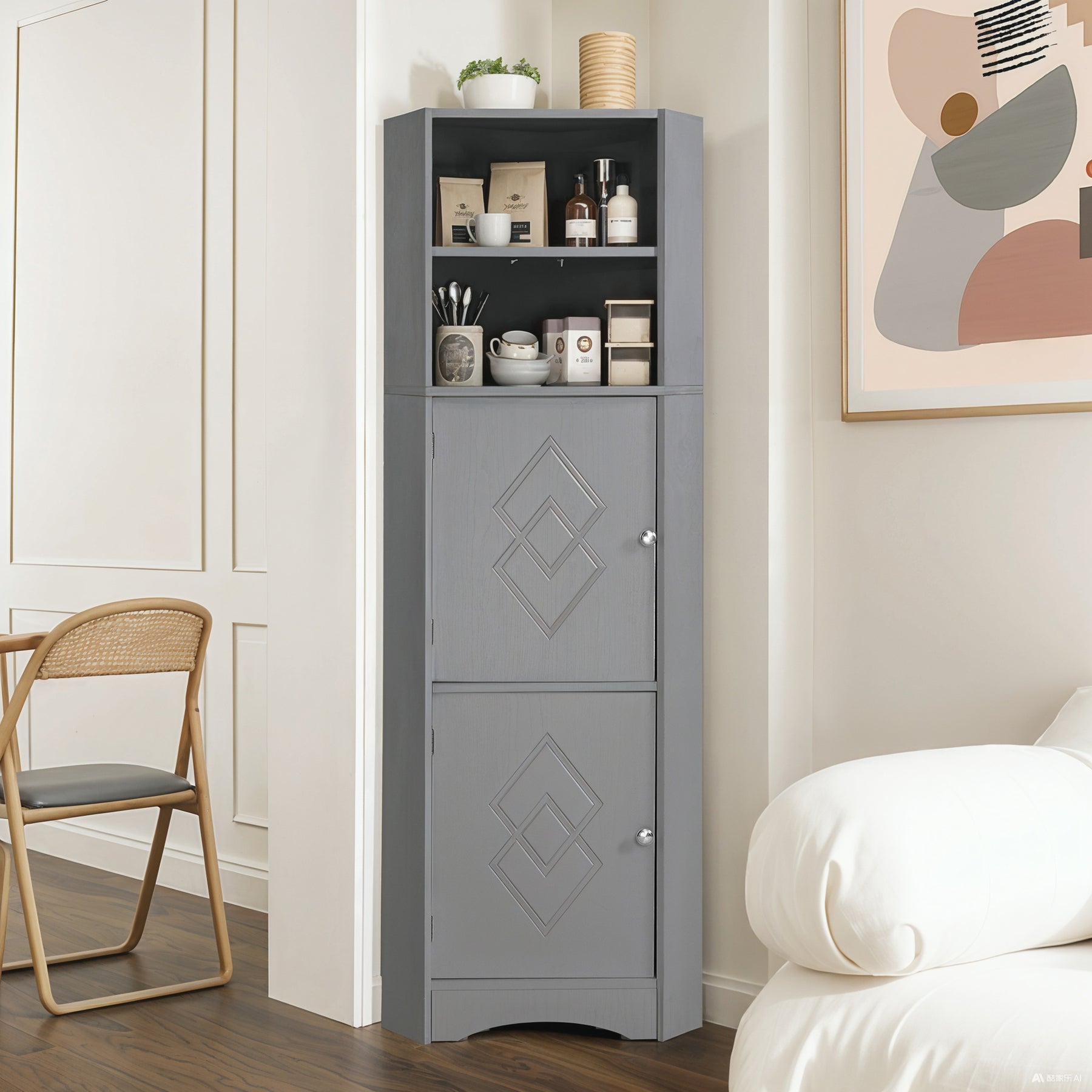 SONNI Badschrank Eckschrank mit 2 Ablagefächern, offenem Fach und verstellbarem Einlegeboden Badmöbel 36.5 x 36.5 x 155 cm Weiß
