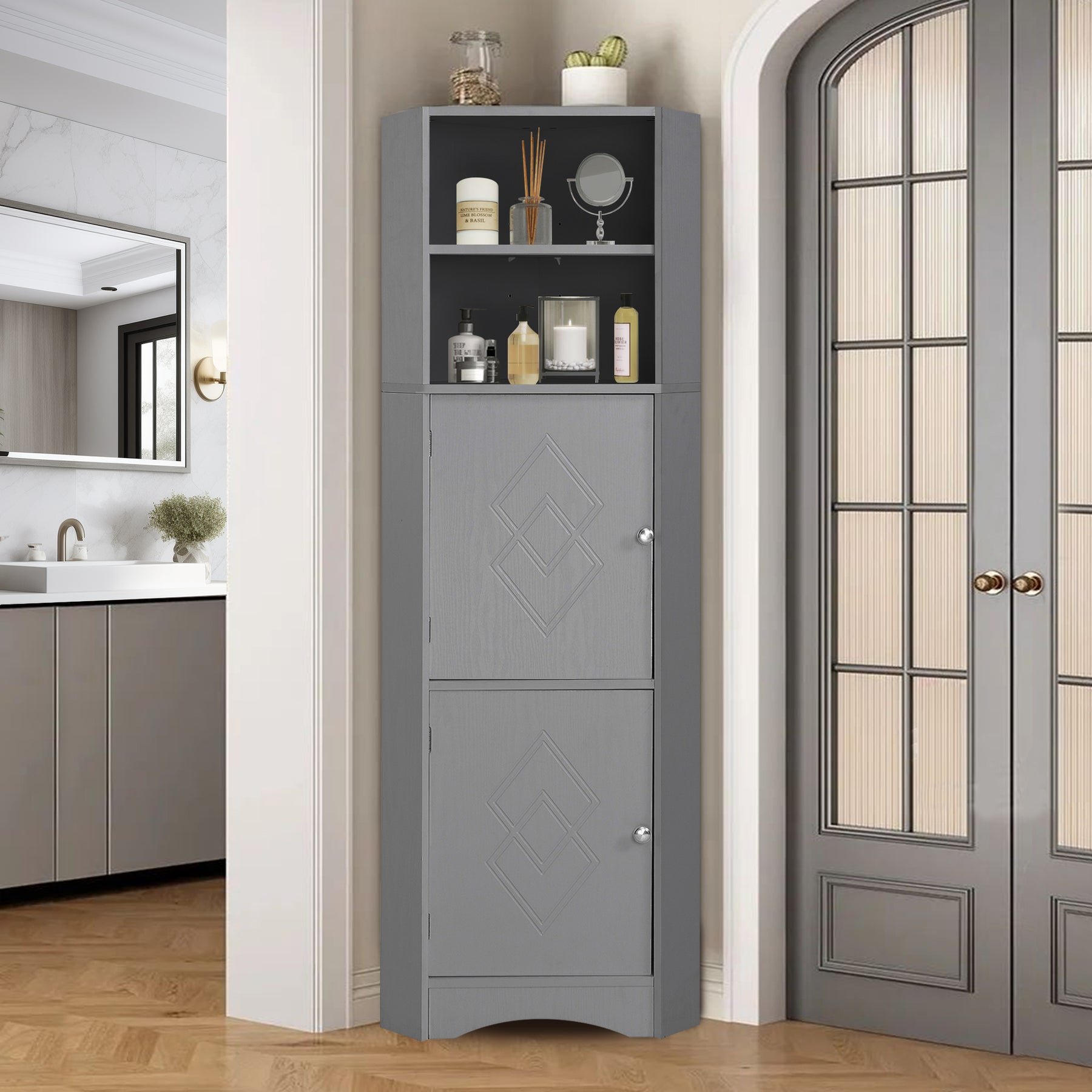 SONNI Badschrank Eckschrank mit 2 Ablagefächern, offenem Fach und verstellbarem Einlegeboden Badmöbel 36.5 x 36.5 x 155 cm Weiß