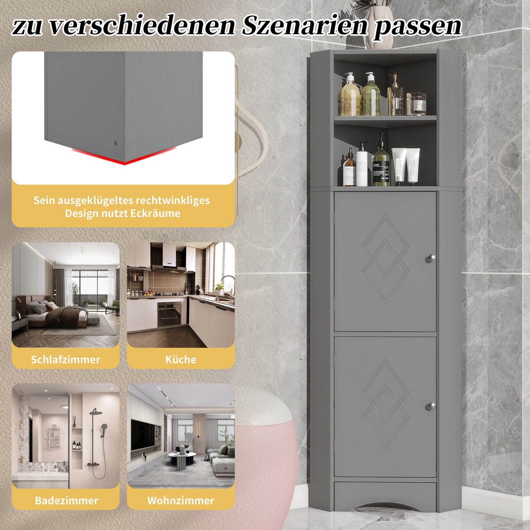 SONNI Badschrank Eckschrank mit 2 Ablagefächern, offenem Fach und verstellbarem Einlegeboden Badmöbel 36.5 x 36.5 x 155 cm Weiß