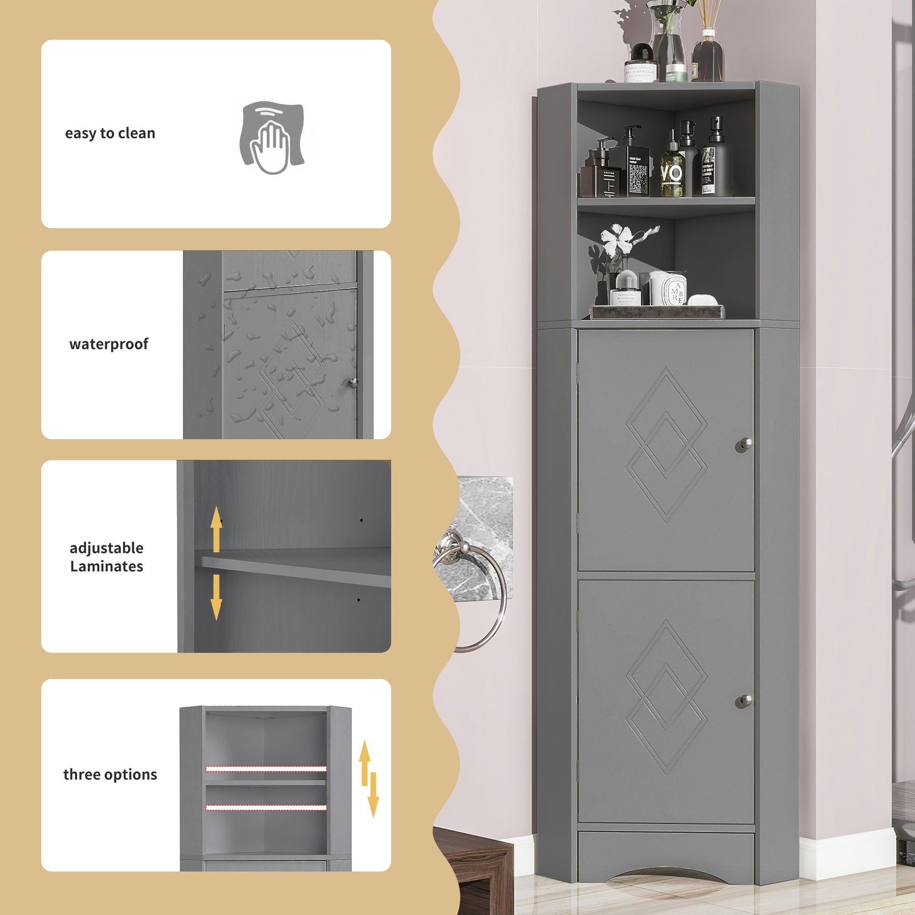SONNI Badschrank Eckschrank mit 2 Ablagefächern, offenem Fach und verstellbarem Einlegeboden Badmöbel 36.5 x 36.5 x 155 cm Weiß