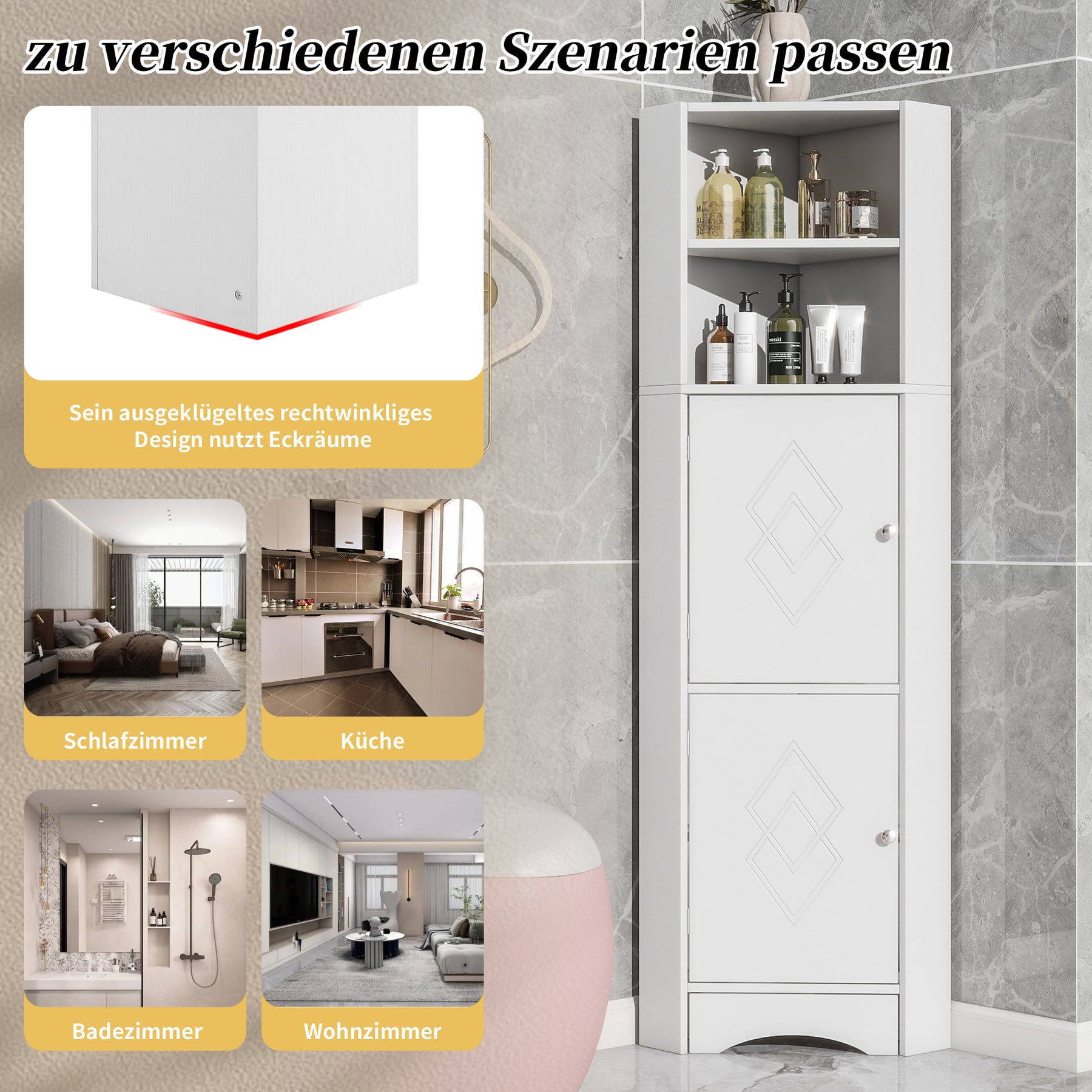 SONNI Badschrank Eckschrank mit 2 Ablagefächern, offenem Fach und verstellbarem Einlegeboden Badmöbel 36.5 x 36.5 x 155 cm Weiß