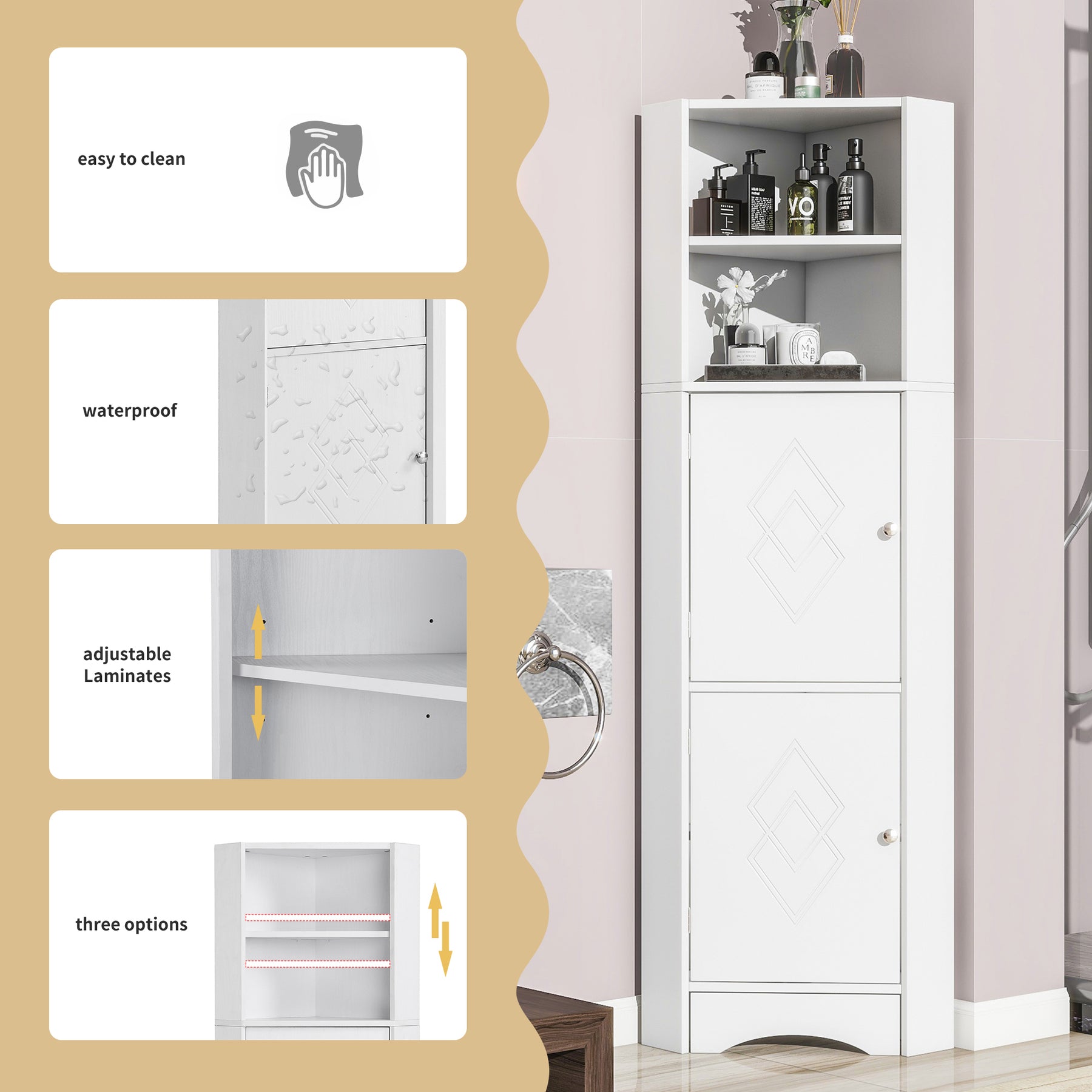SONNI Badschrank Eckschrank mit 2 Ablagefächern, offenem Fach und verstellbarem Einlegeboden Badmöbel 36.5 x 36.5 x 155 cm Weiß