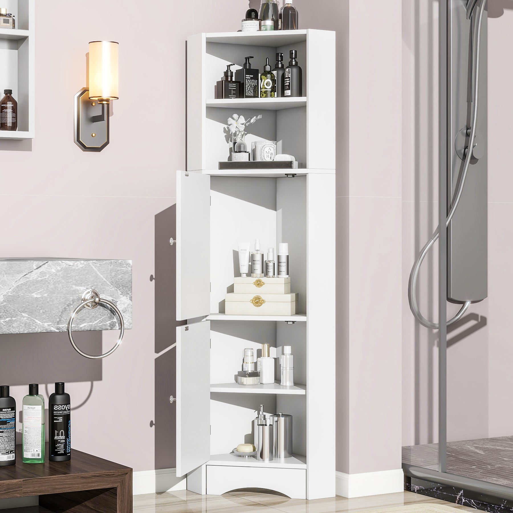 SONNI Badschrank Eckschrank mit 2 Ablagefächern, offenem Fach und verstellbarem Einlegeboden Badmöbel 36.5 x 36.5 x 155 cm Weiß