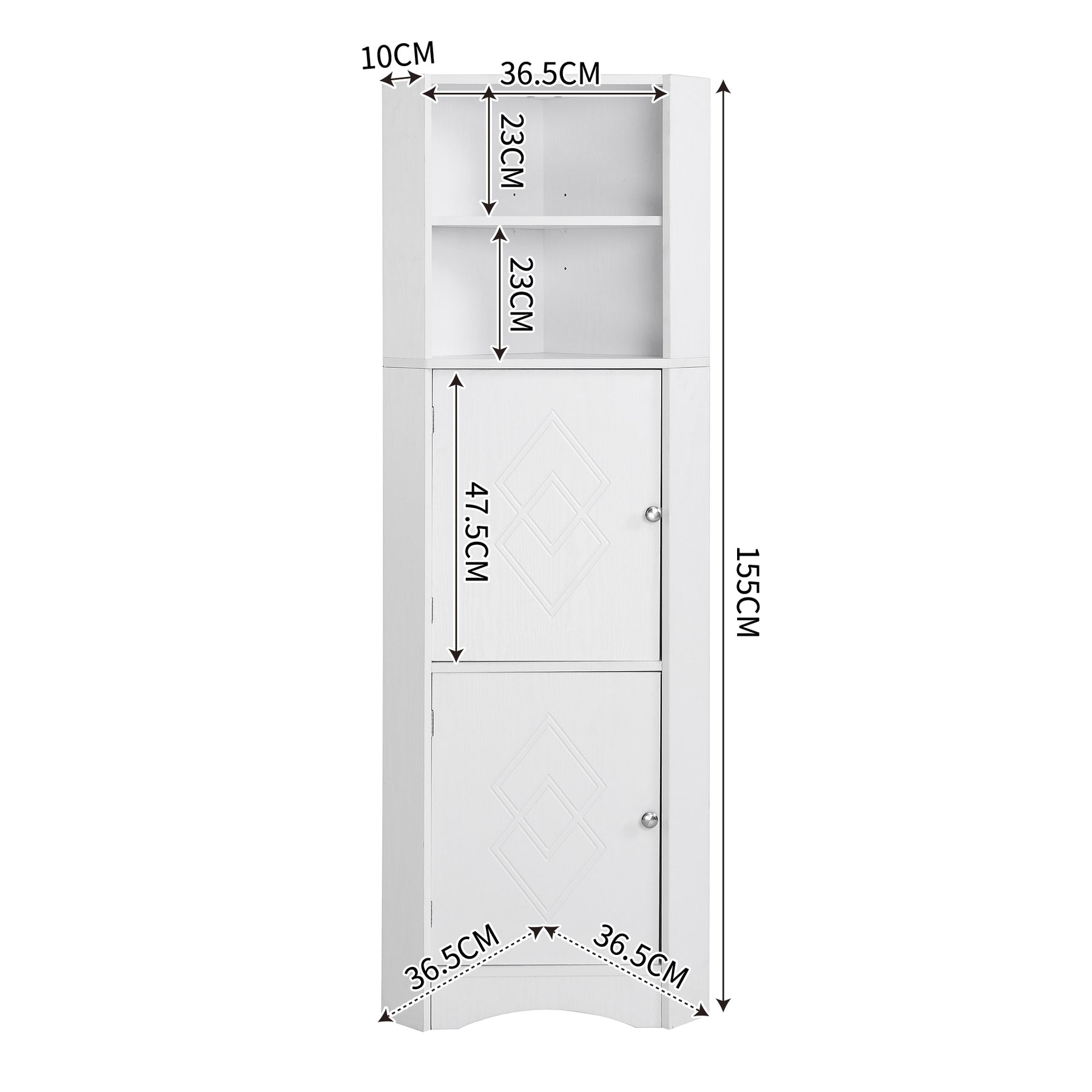 SONNI Badschrank Eckschrank mit 2 Ablagefächern, offenem Fach und verstellbarem Einlegeboden Badmöbel 36.5 x 36.5 x 155 cm Weiß