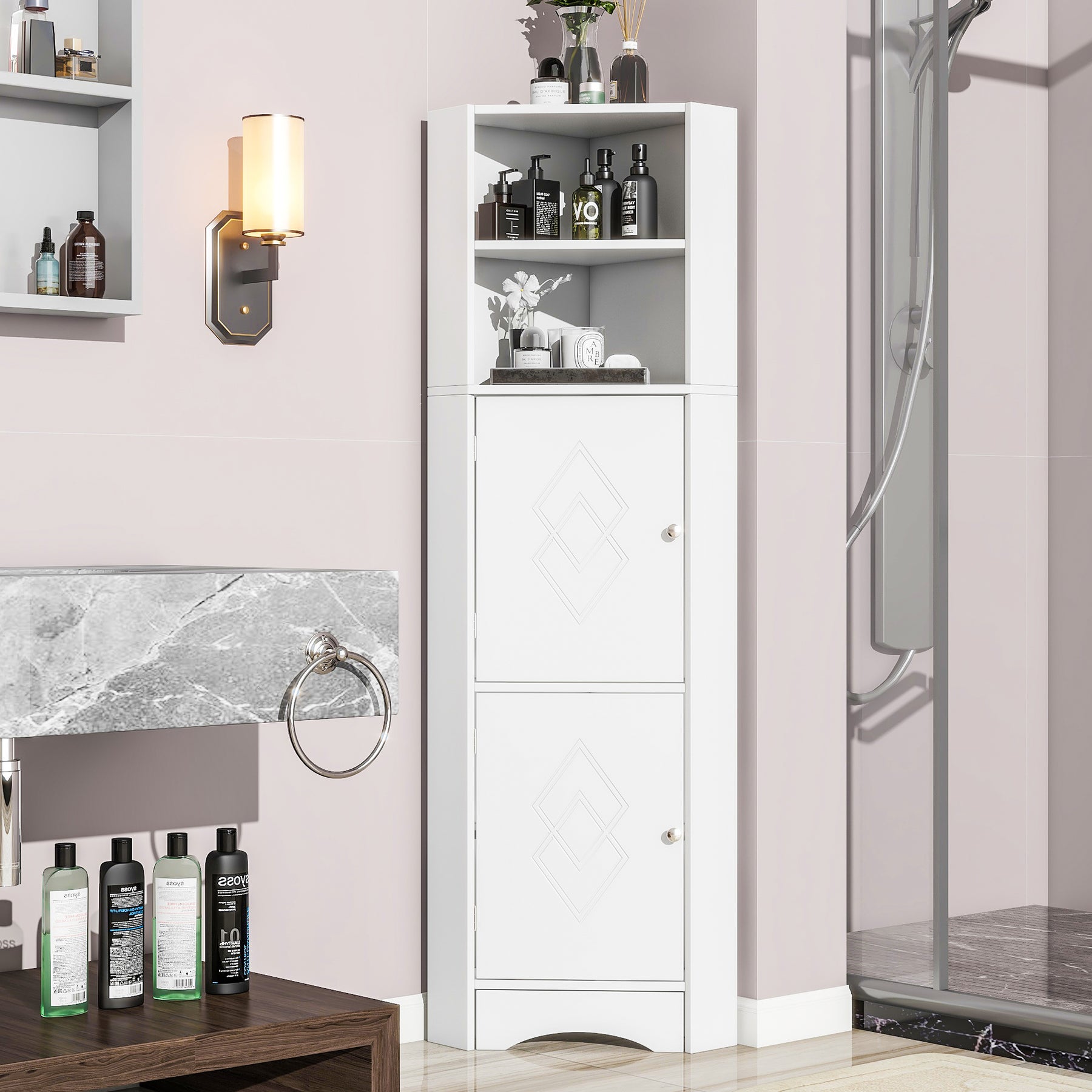 SONNI Badschrank Eckschrank mit 2 Ablagefächern, offenem Fach und verstellbarem Einlegeboden Badmöbel 36.5 x 36.5 x 155 cm Weiß