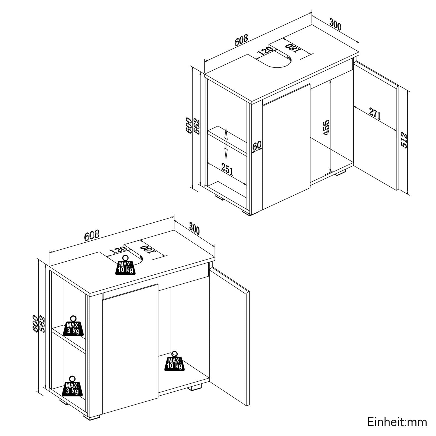 SONNI Freistehender Waschtisch mit LED-Sensorbeleuchtung, Aufsatzwaschbecken mit Doppeltüren und verstellbaren Ablagen, Badschrank 60 x 60 x 30 cm Weiß