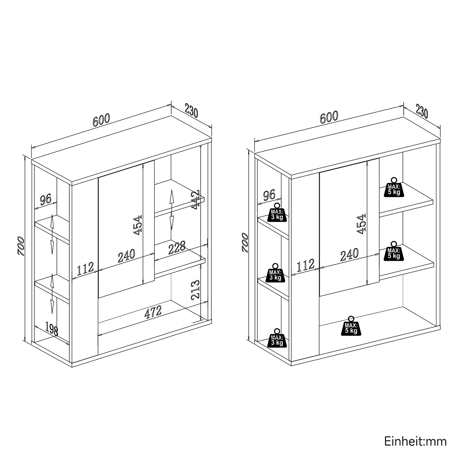SONNI Wand-Badezimmerschrank mit LED-Sensor, Badschrank zur Wandmontage mit Tür und offenen Fächern 60 x 23 x 70 cm Weiß