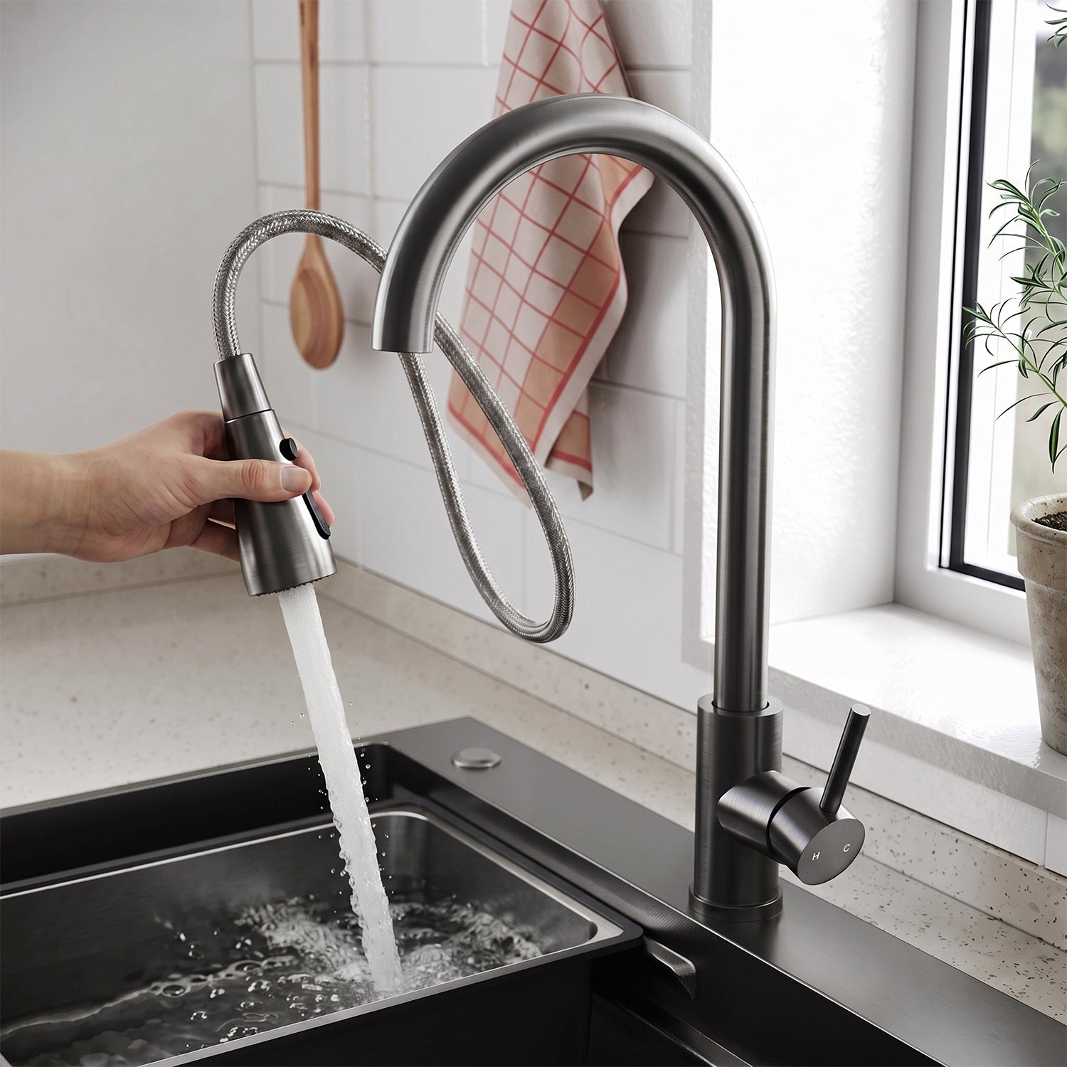 SONNI Waschtischarmatur mit Ausziehbrause, Edelstahl 3 Wasserflussmodi, automatische Rückstellfunktion G3/8 Silber