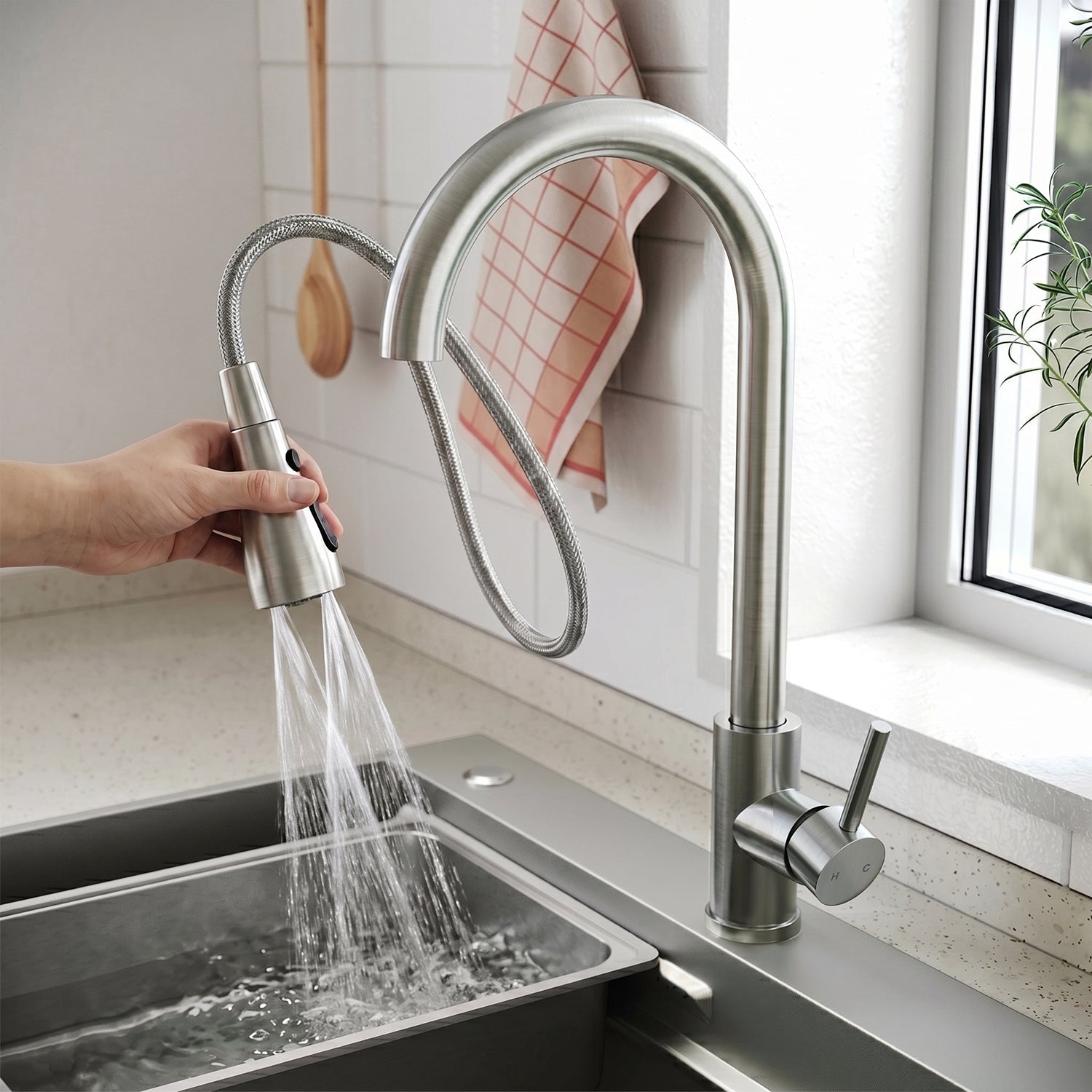 SONNI Waschtischarmatur mit Ausziehbrause, Edelstahl 3 Wasserflussmodi, automatische Rückstellfunktion G3/8 Silber