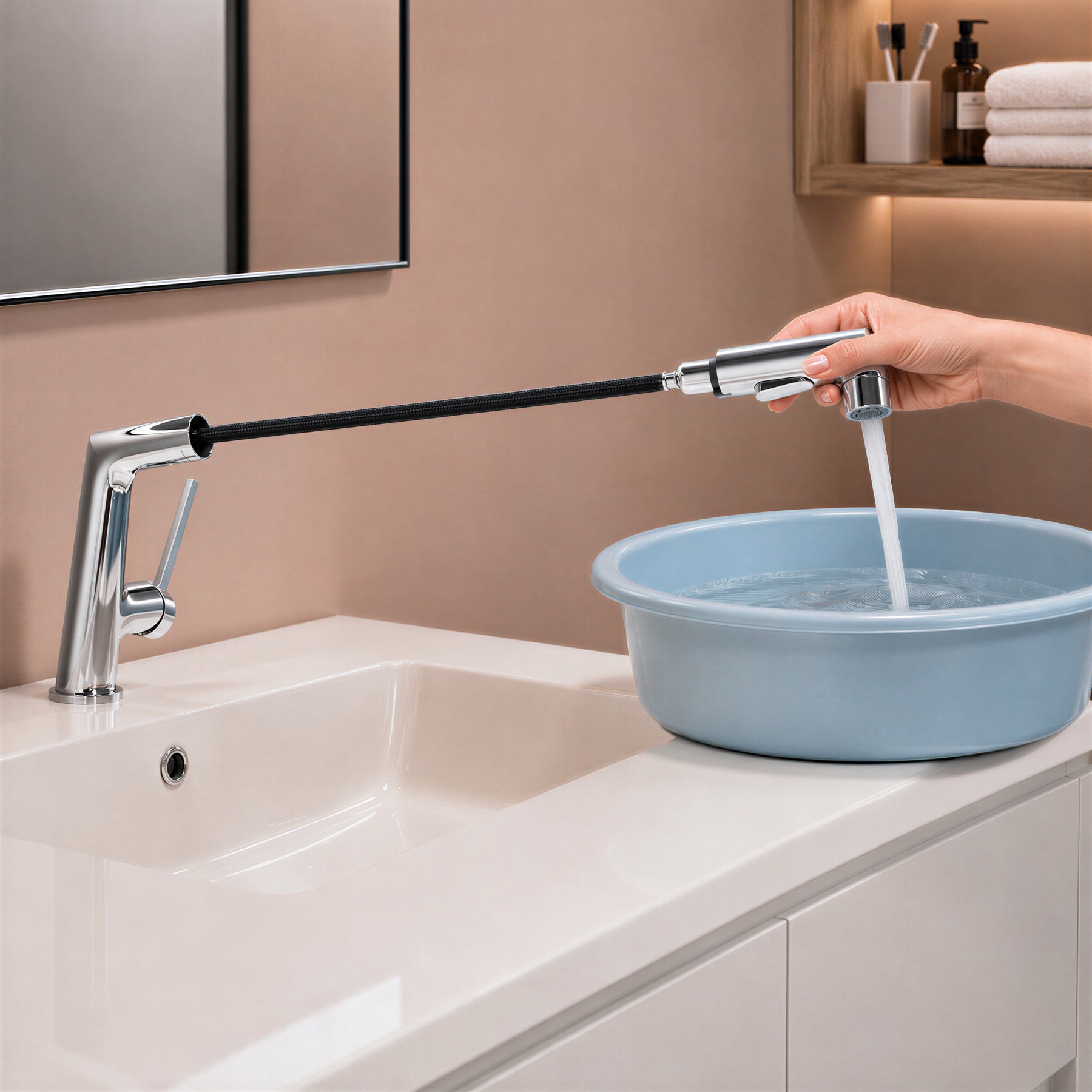 SONNI Waschtischarmatur verchromt, 3 Wasserauslassmodi Dualer Wasserfluss automatische Rückziehfunktion
