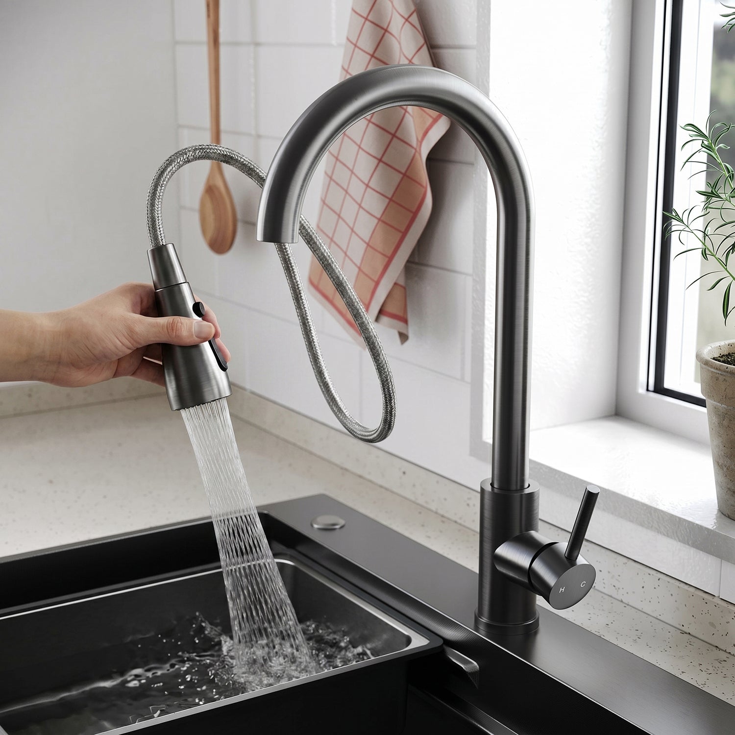 SONNI Waschtischarmatur mit Ausziehbrause, Edelstahl 3 Wasserflussmodi, automatische Rückstellfunktion G3/8 Silber