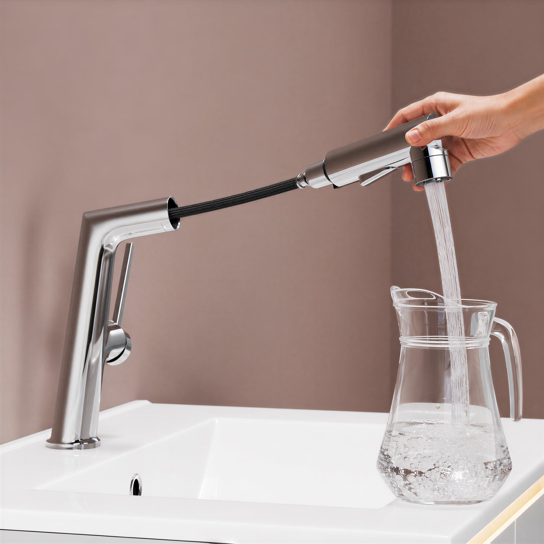 SONNI Waschtischarmatur verchromt, 3 Wasserauslassmodi Dualer Wasserfluss automatische Rückziehfunktion