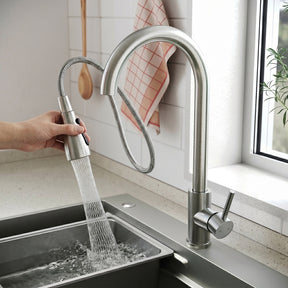 SONNI Waschtischarmatur mit Ausziehbrause, Edelstahl 3 Wasserflussmodi, automatische Rückstellfunktion G3/8 Silber