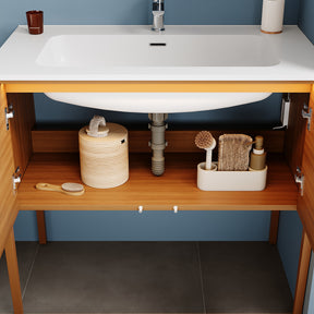 SONNI Badmöbel Set mit Waschbecken, Quarz Kunststein Waschbecken LED Sensorbeleuchtung Push Open Türen 89,4 x 49,5 x 81 cm