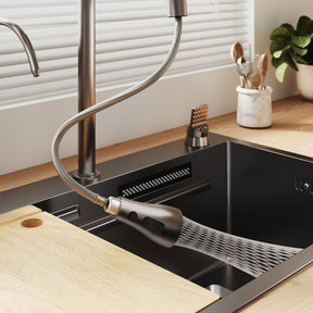 SONNI Spülbecken Einbauspüle Küchenspüle Waschbecken 304 SUS Edelstahl, Schwarz, 75/80×45×26 cm, Unterbauspüle mit 1 Becken, Abtropfkorb, Abfallsieb, Armatur, Schneidebrett, Tassenuntersetzer und Wasserfilterarmatur - Sonni Sanitär GmbH