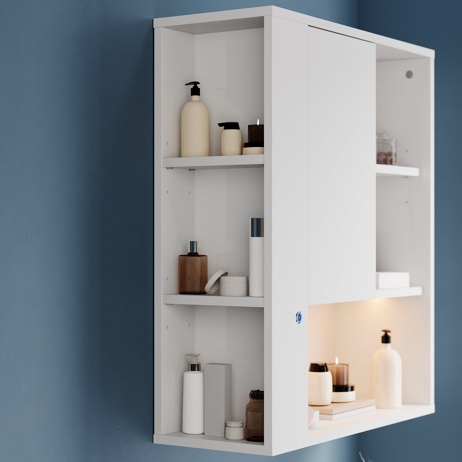 SONNI Wand-Badezimmerschrank mit LED-Sensor, Badschrank zur Wandmontage mit Tür und offenen Fächern 60 x 23 x 70 cm Weiß