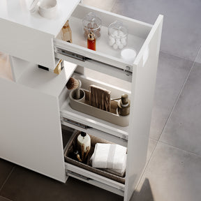 SONNI Badezimmerschrank mit LED-Sensor, Badschrank mit 3 Schubladen und linksseitigem Klappfach, Aufbewahrungsschrank 100 x 26 x 116 cm Weiß