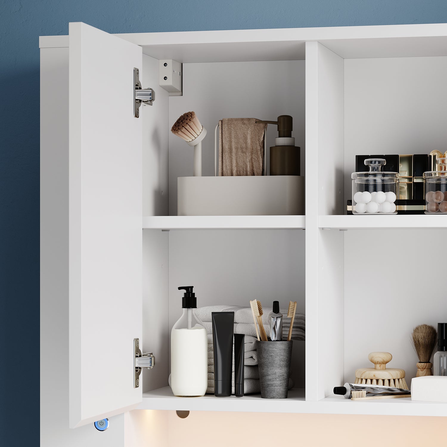 SONNI Wand-Badezimmerschrank mit LED-Sensor, Badschrank zur Wandmontage mit Tür und offenen Fächern 60 x 23 x 70 cm Weiß