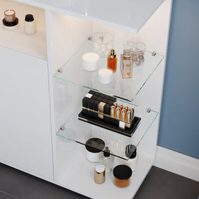 SONNI Waschtisch mit Touch-LED, weißer Unterschrank mit offener rechter Seite, Doppeltüren und ausziehbarem Einlegeboden, 90 x 30 x 82 cm Weiß