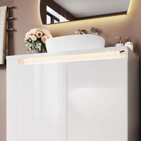 SONNI Freistehender Waschtisch mit LED-Sensorbeleuchtung, Aufsatzwaschbecken mit Doppeltüren und verstellbaren Ablagen, Badschrank 60 x 60 x 30 cm Weiß