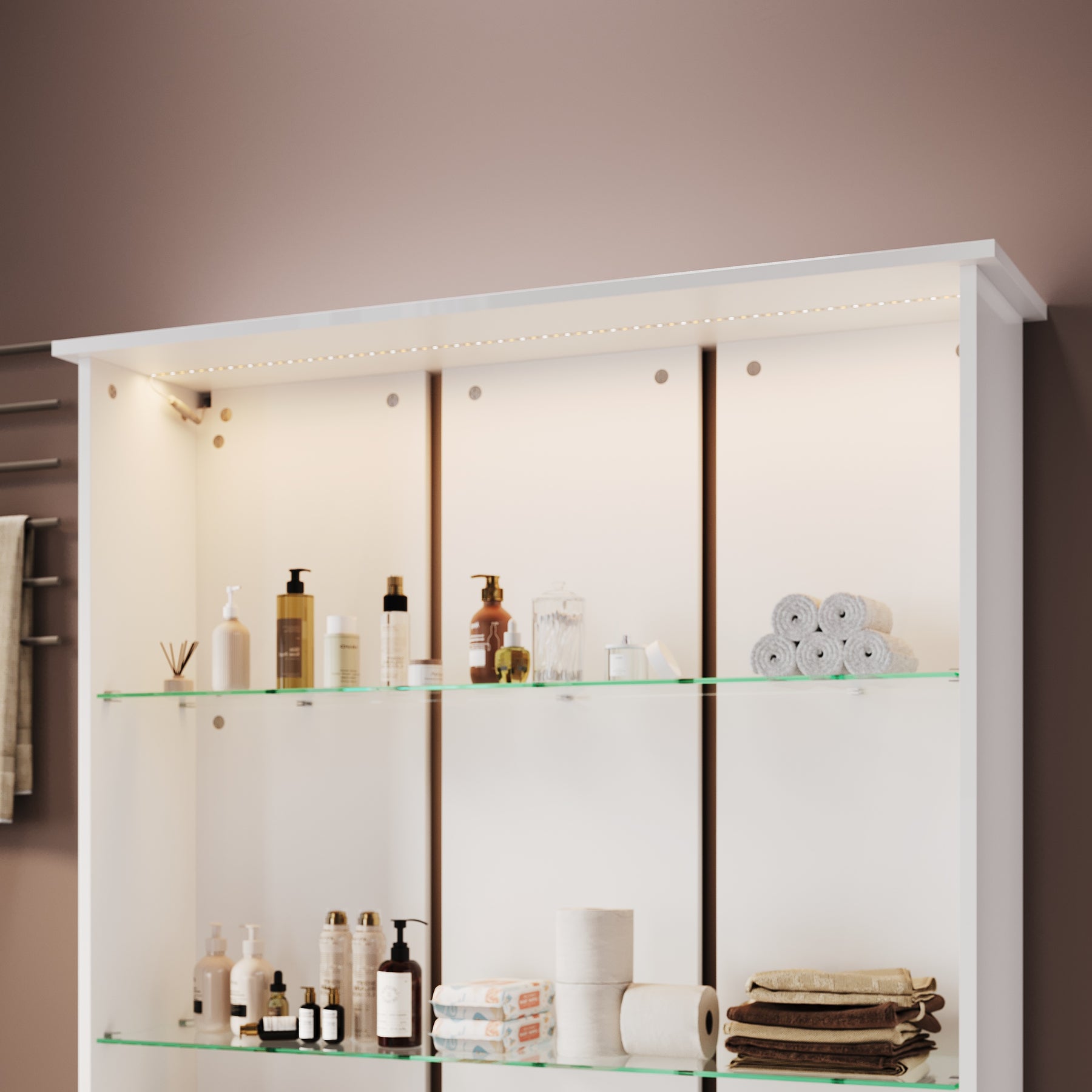 SONNI Badschrank mit LED-Sensoren,3 verstellbare Glasböden Badschrank mit 4 Kunststofffüßen 100 x 26 x 116 cm Weiß